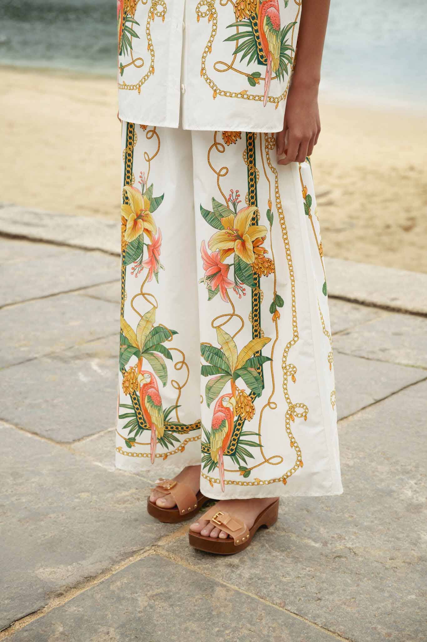 FARM Rio model wearing the Tropical Royalty Off-White Pants