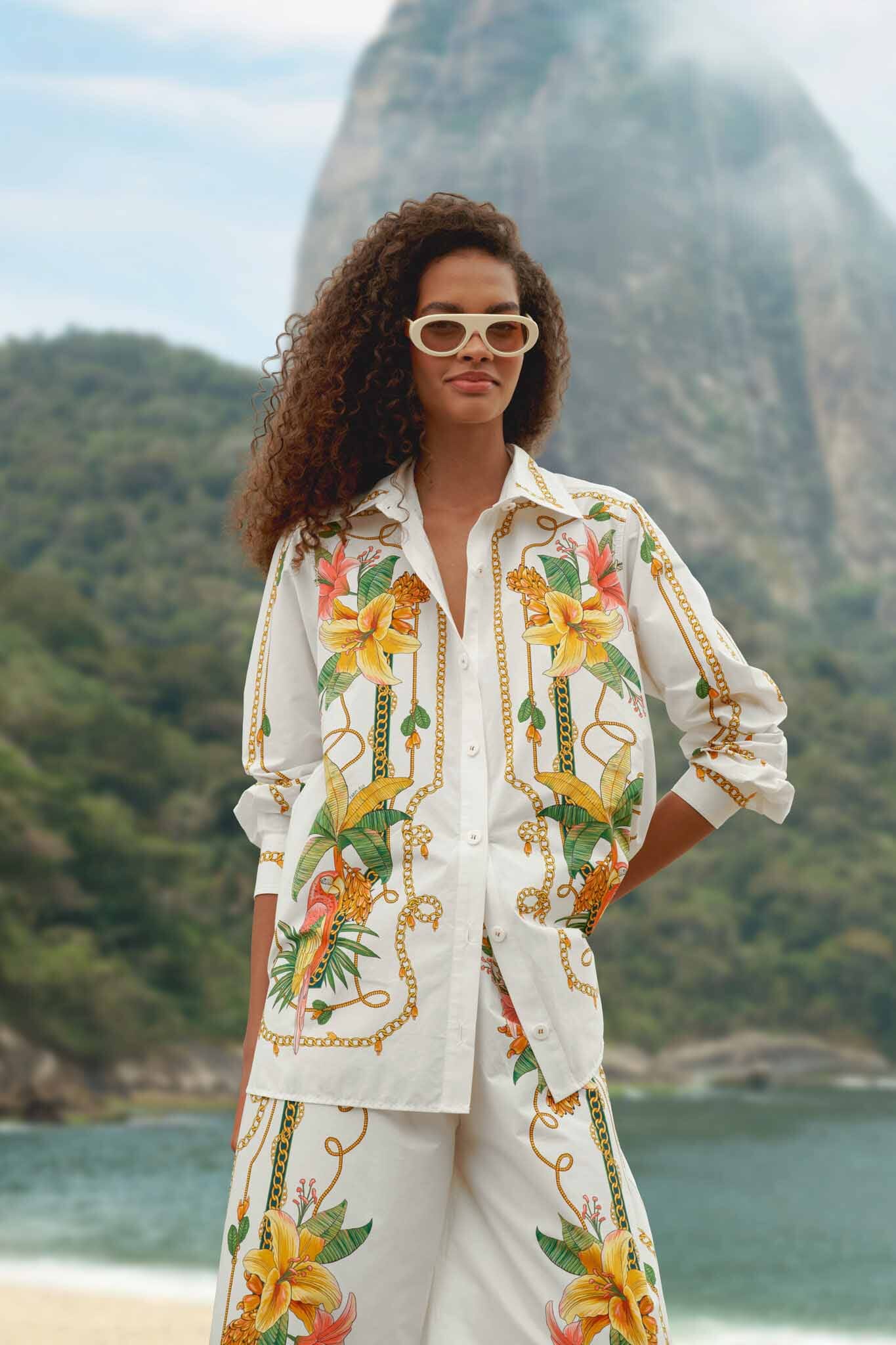 FARM Rio model wearing the Tropical Royalty Off-White Shirt Long Sleeve
