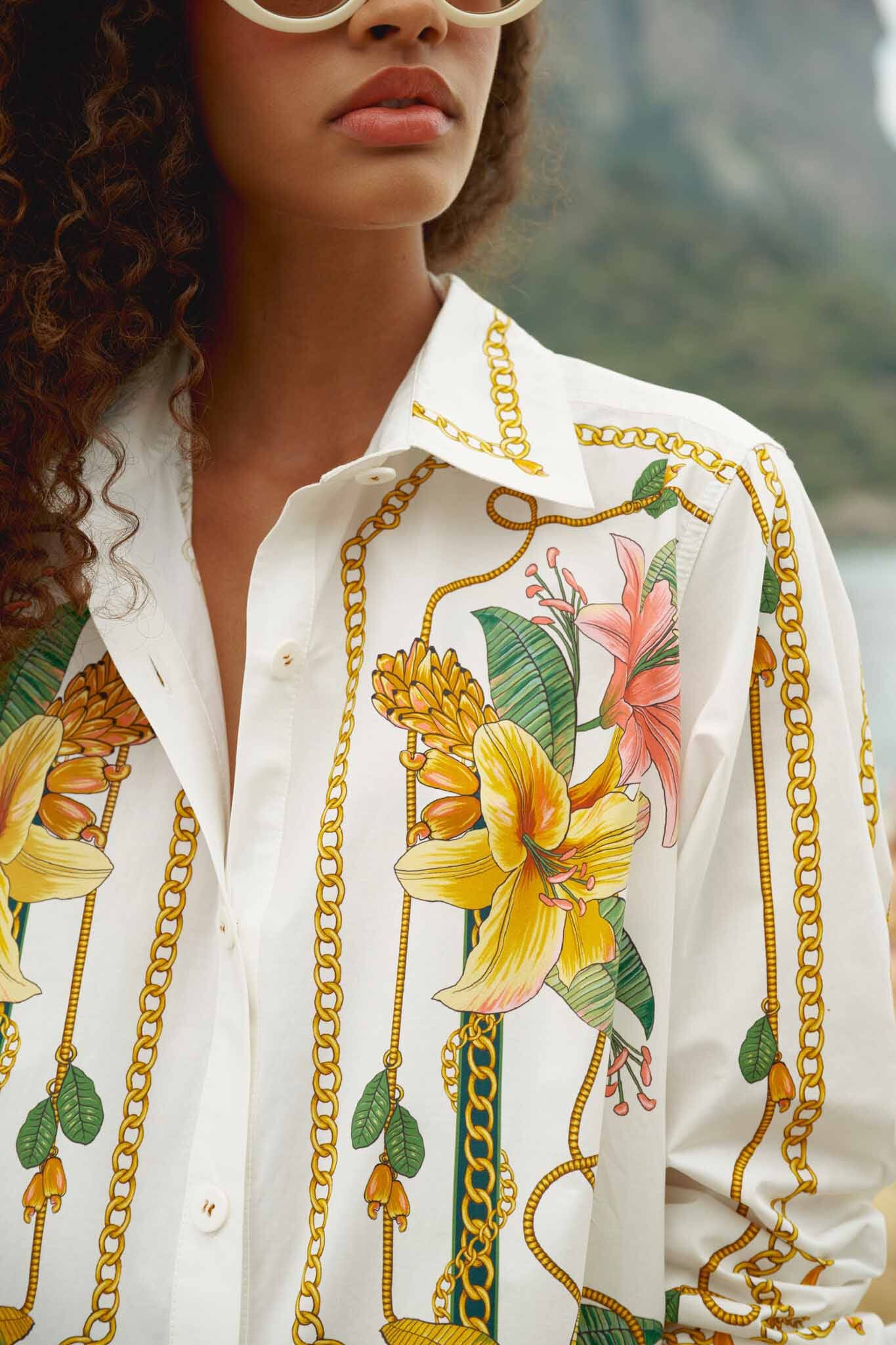 FARM Rio model wearing the Tropical Royalty Off-White Shirt Long Sleeve