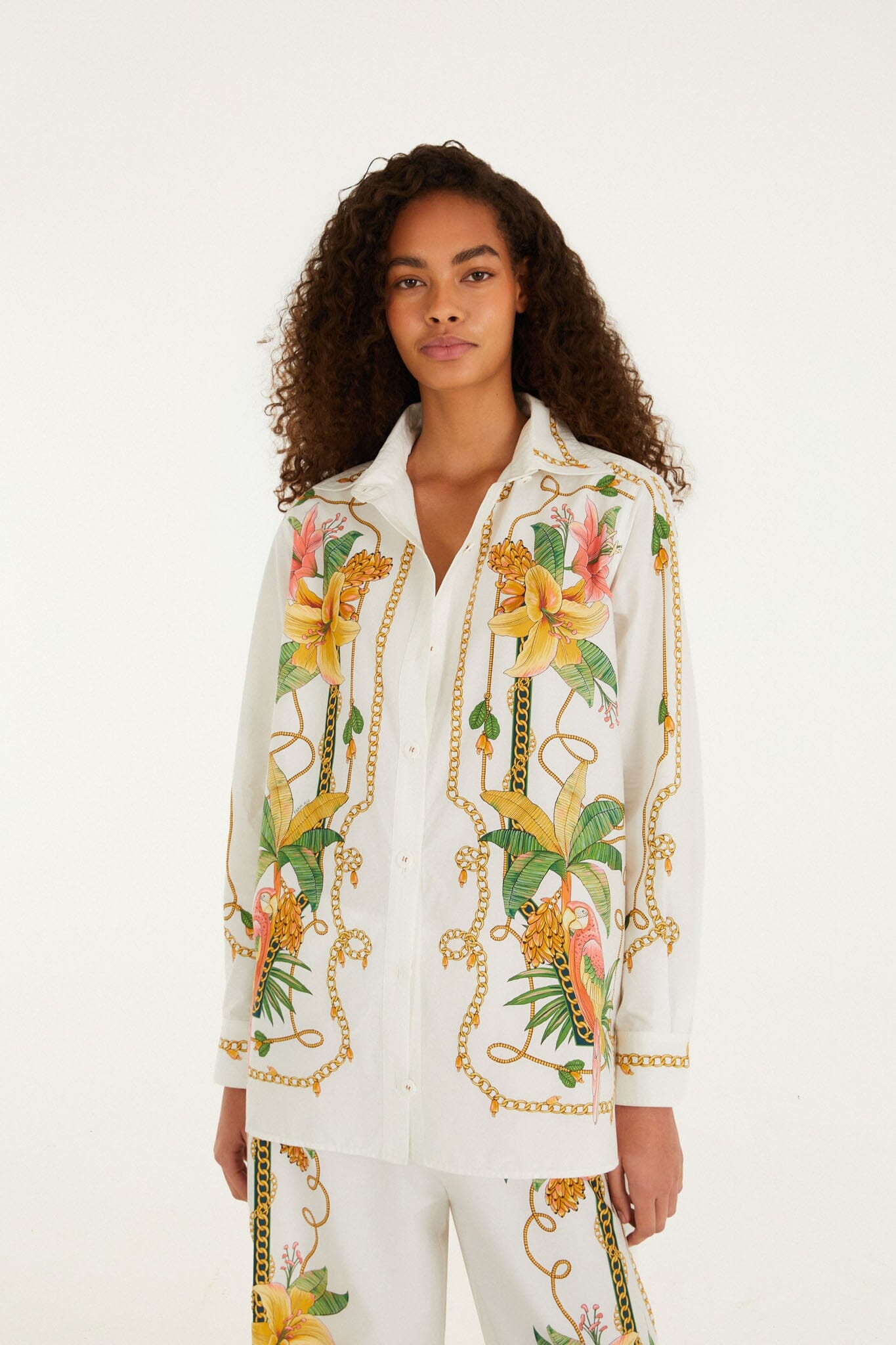 FARM Rio model wearing the Tropical Royalty Off-White Shirt Long Sleeve