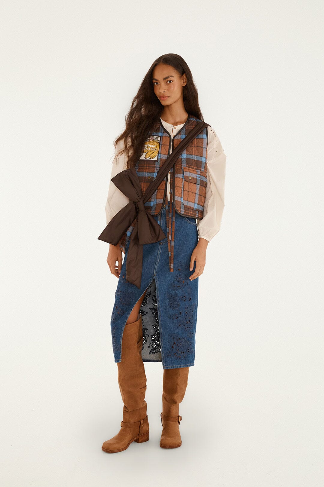 FARM Rio model wearing the Tropical Tea Gilet Vest