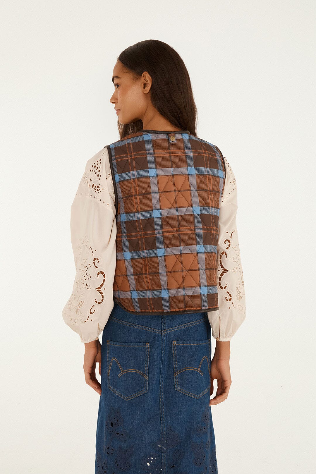 FARM Rio model wearing the Tropical Tea Gilet Vest