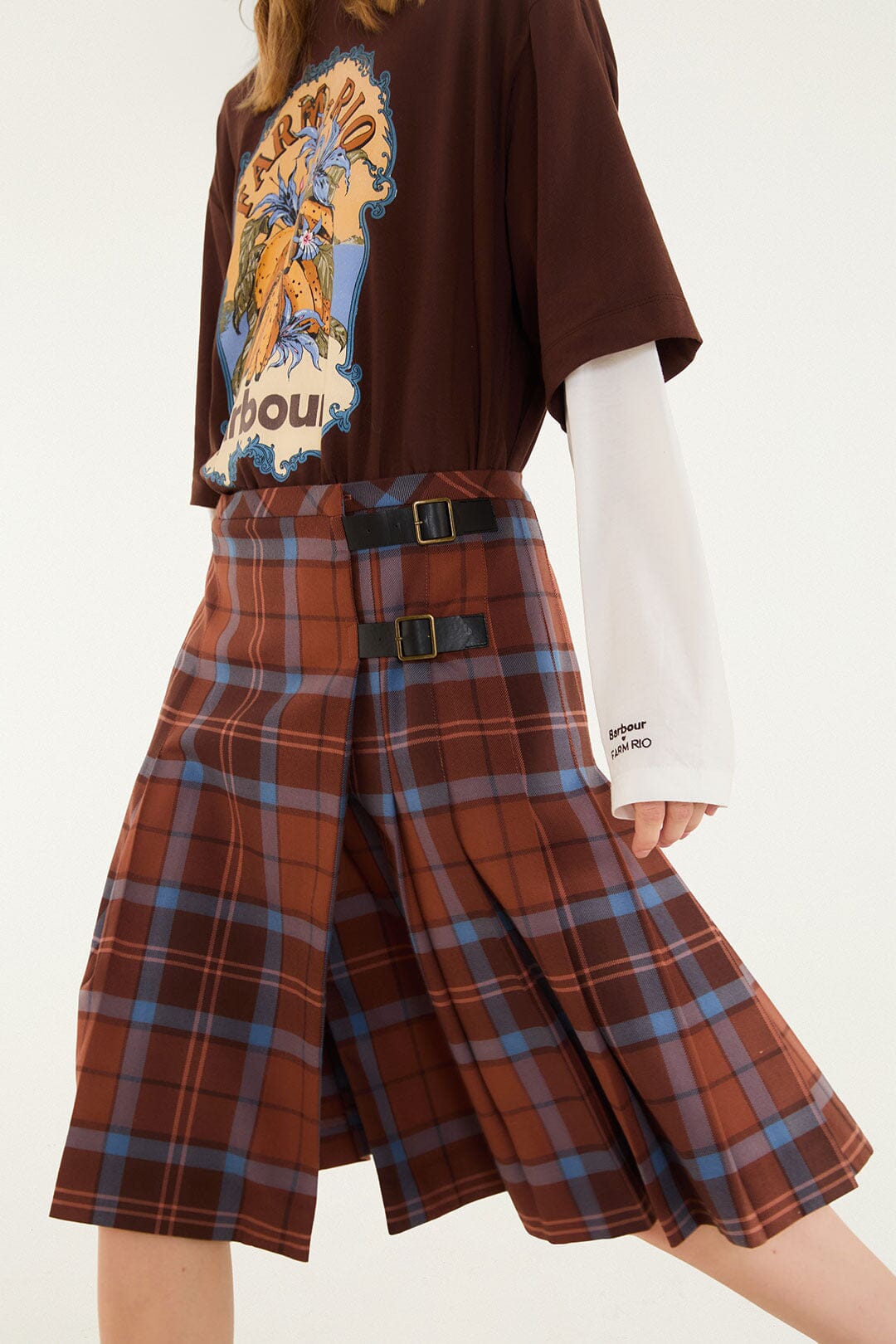 FARM Rio model wearing the Tropical Tea Pleated Midi Skirt