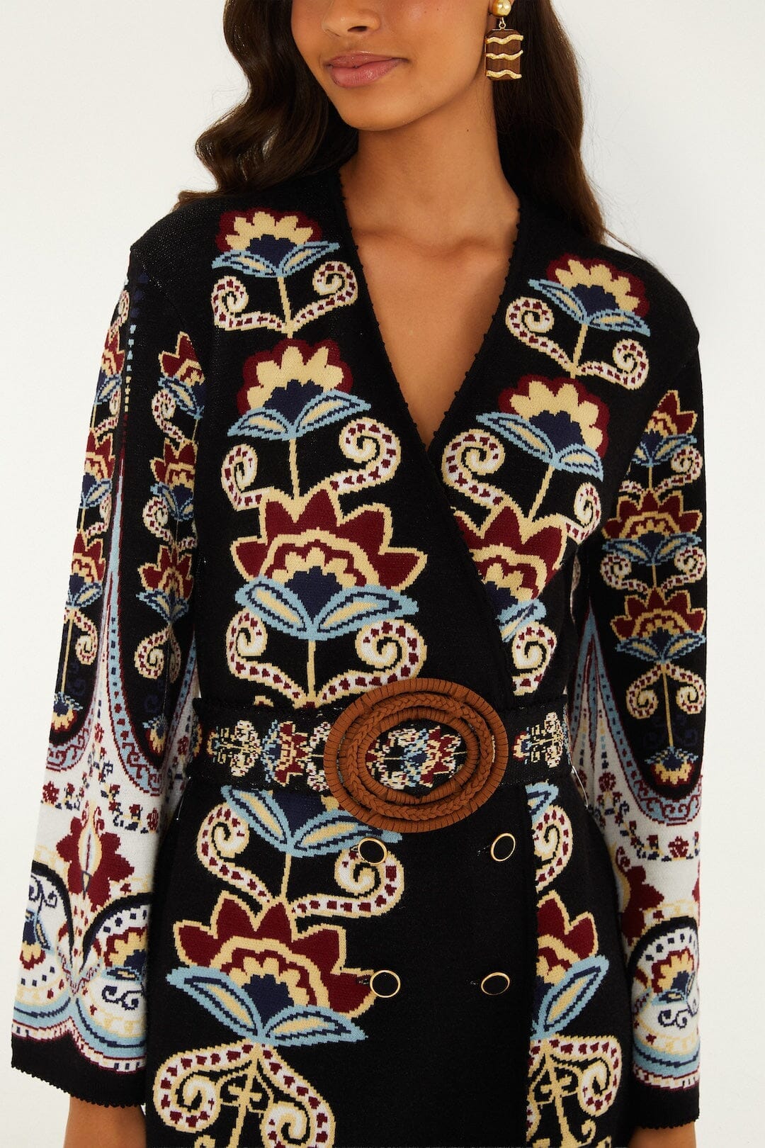 Winter Floral Belted Knit Mini Dress