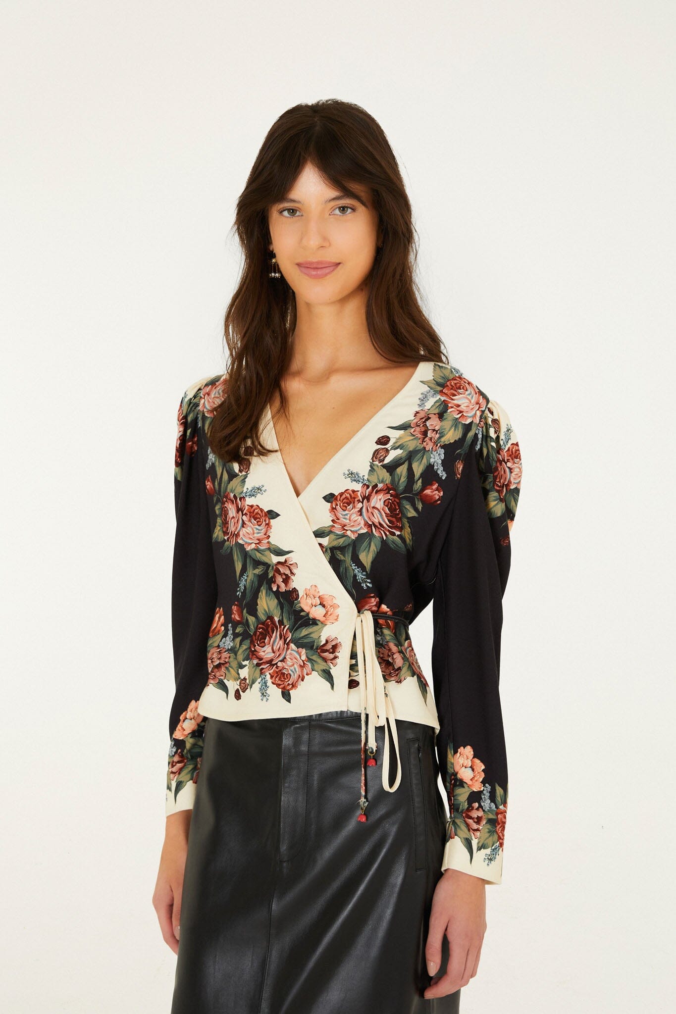FARM Rio model wearing the Winter Floral Long Sleeve Wrap Blouse