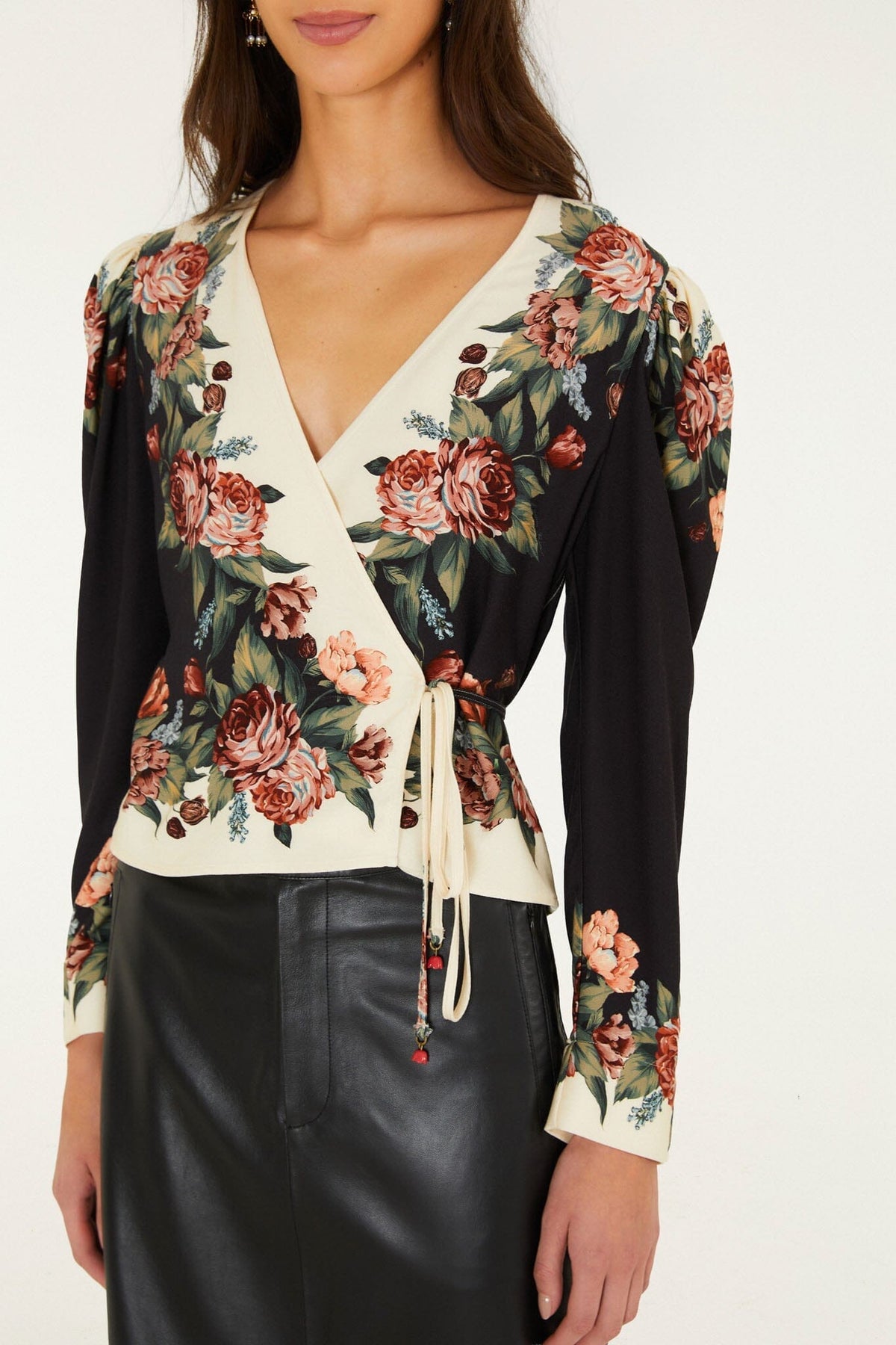 Winter Floral Long Sleeve Wrap Blouse