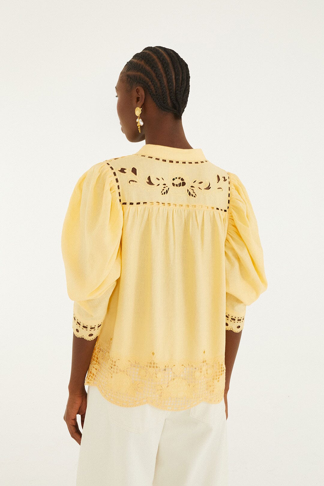 FARM Rio model wearing the Yellow Romantic Richelieu Short Sleeve Blouse