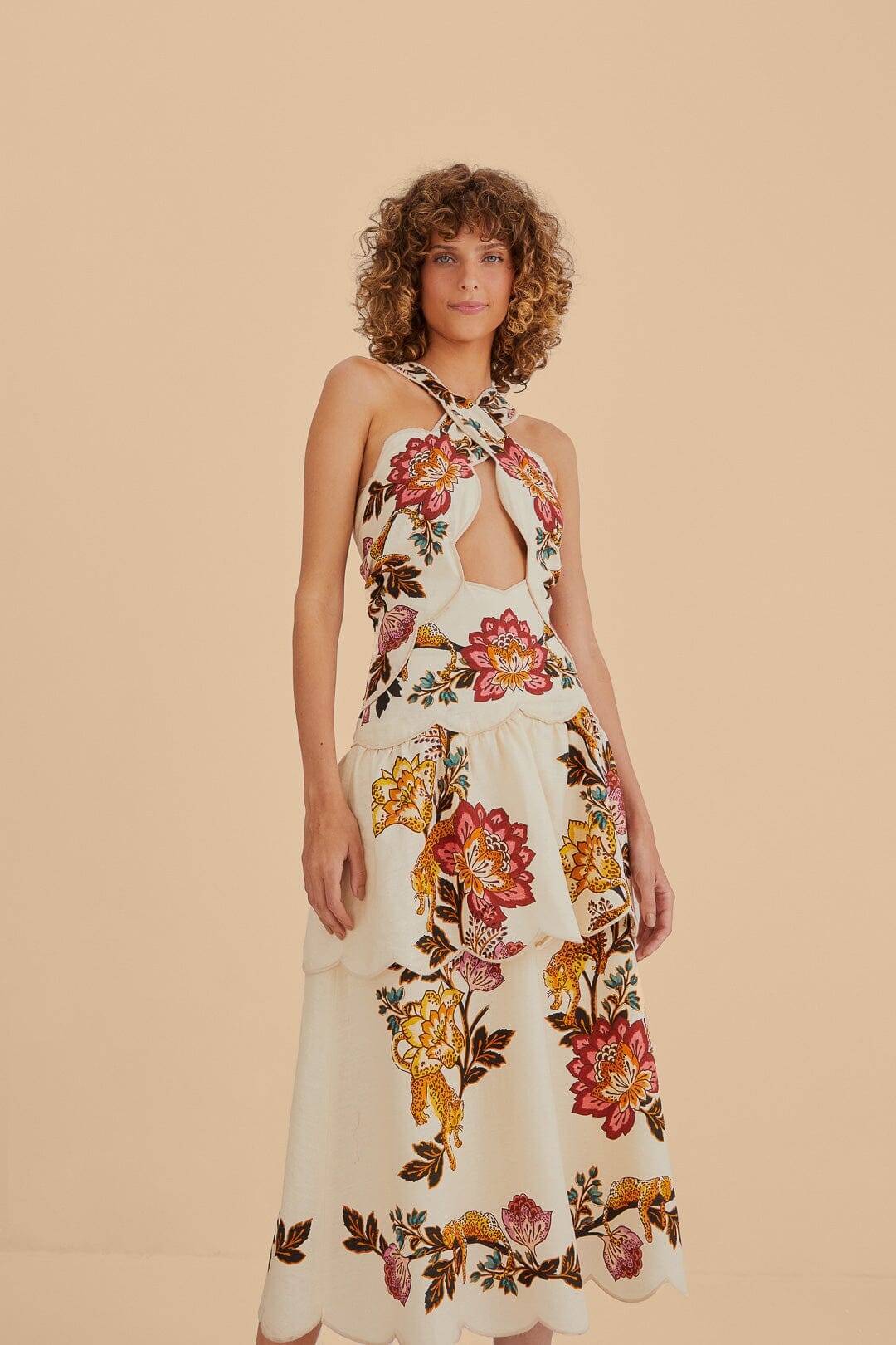 Sand Leopard Flowers Cut Out Midi Dress