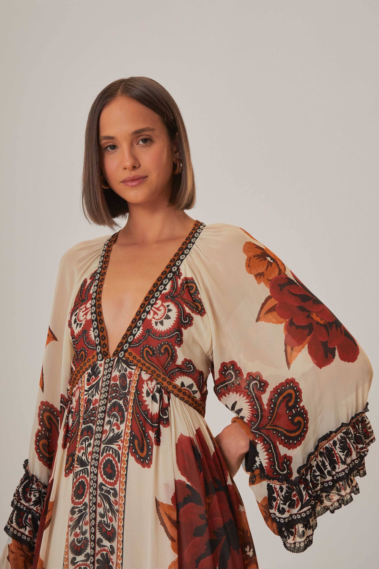 Sand Winter Tapestry V Neck Maxi Dress