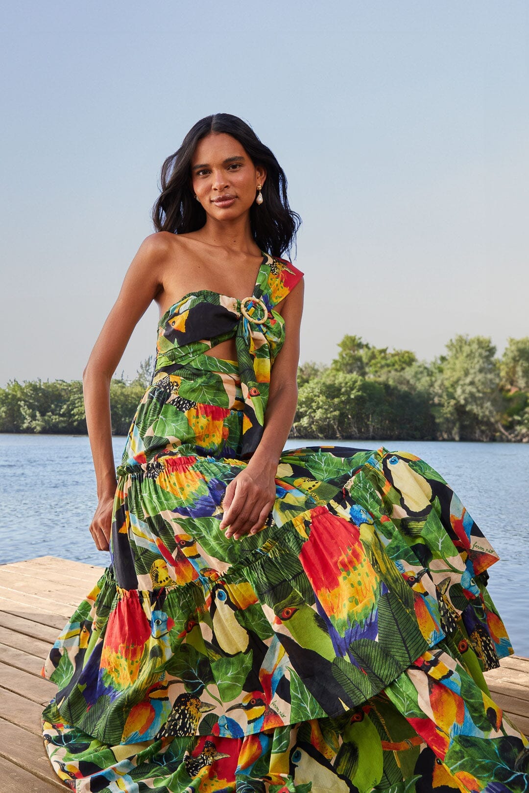 Bird Leaves Sand One Shoulder Maxi Dress – FARM Rio Bird Leaves Sand One Shoulder Maxi Dress – FARM Rio
