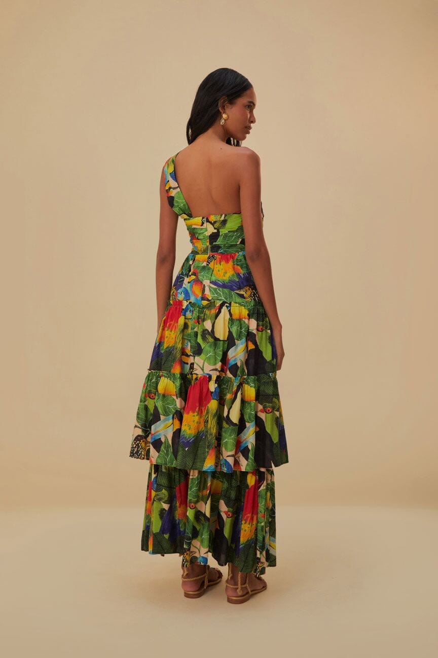 Bird Leaves Sand One Shoulder Maxi Dress