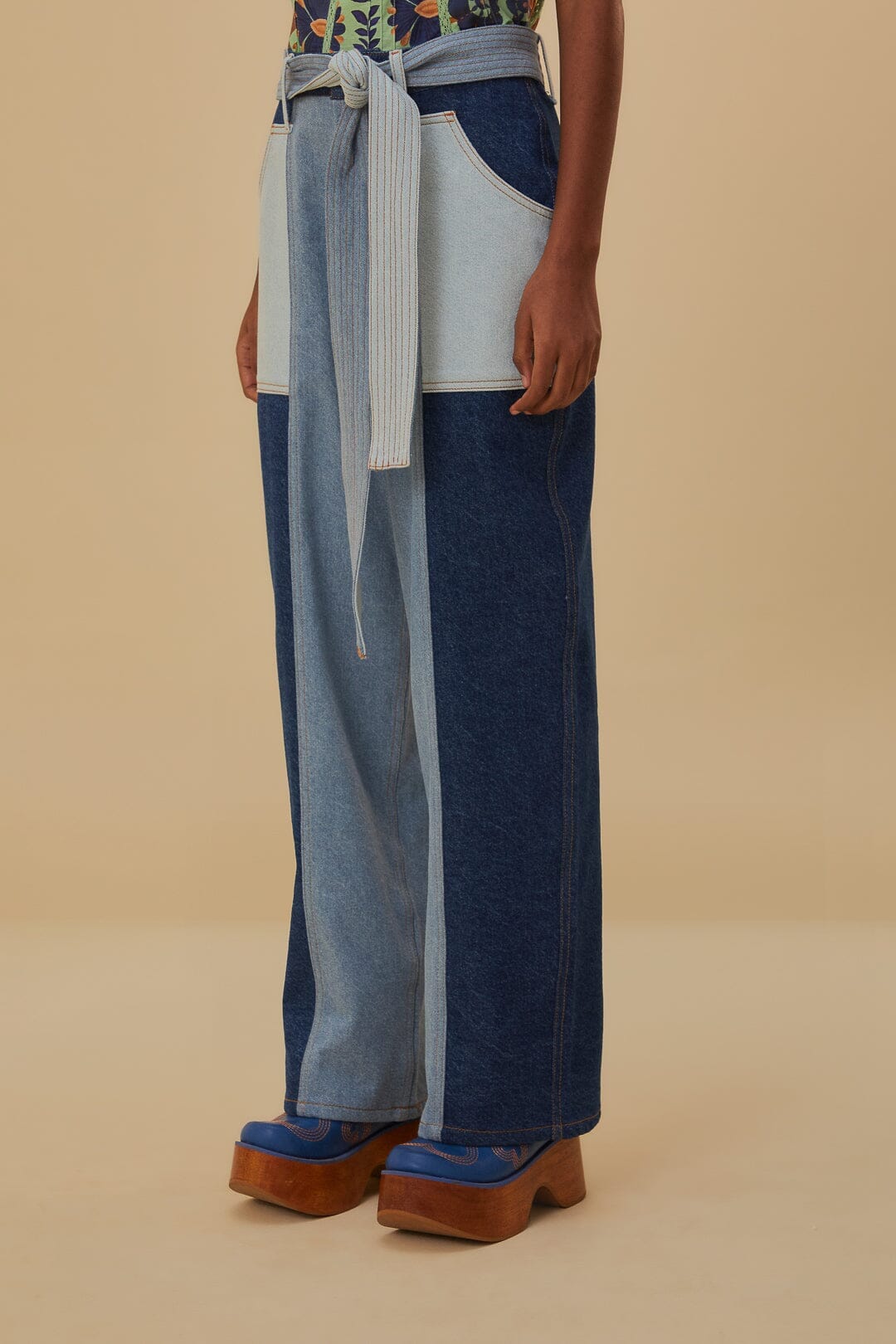 Tie Waist Patch Denim Pants