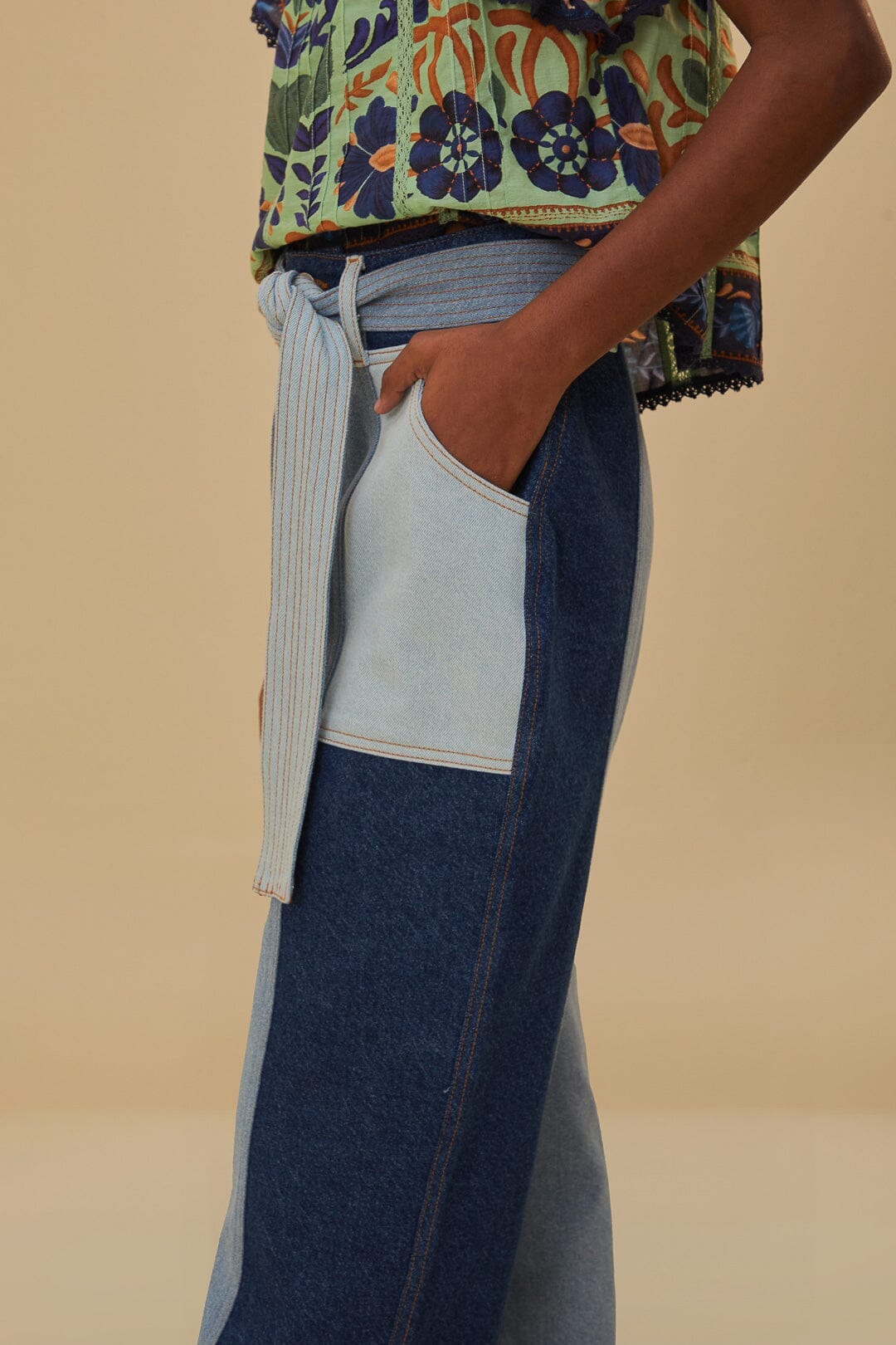 Tie Waist Patch Denim Pants