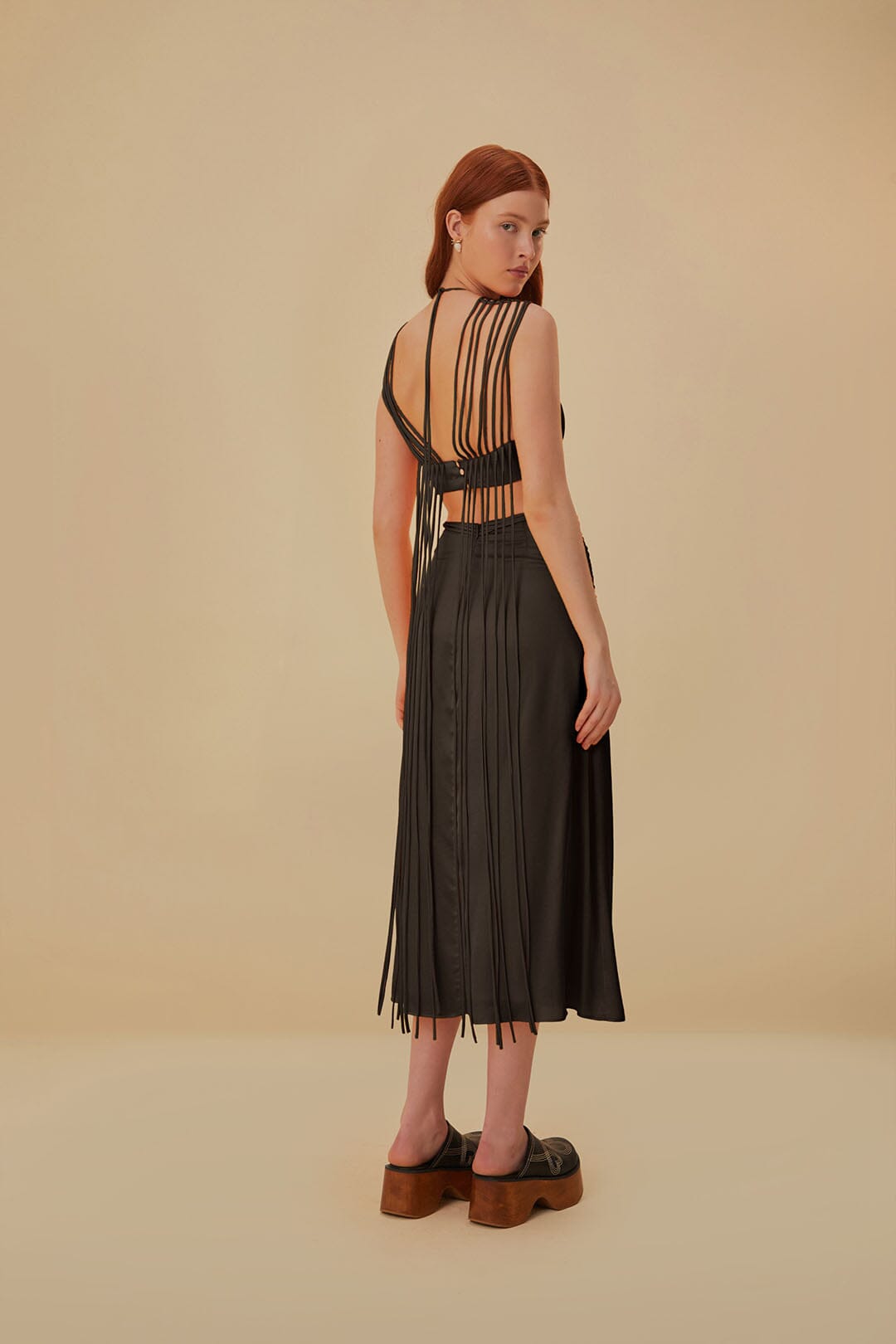 Brown Fringed Sleeveless Midi Dress