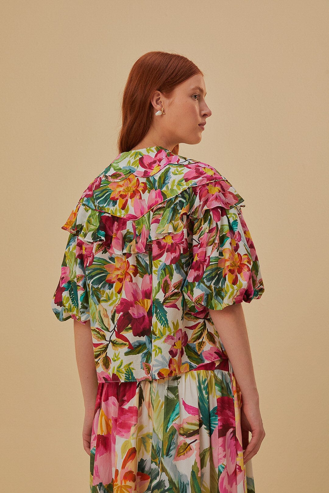 Off-White Painted Flowers Short Sleeve Blouse