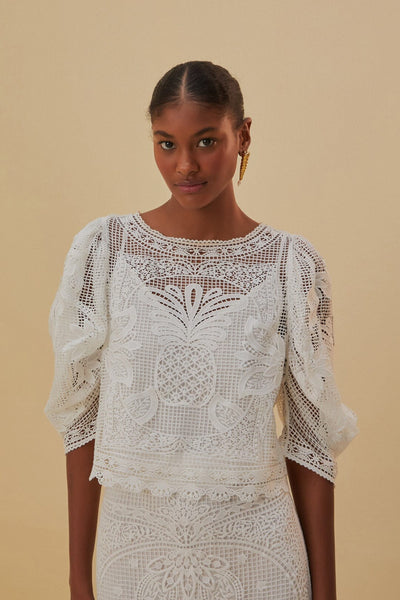 White Guipure Short Sleeve Blouse – FARM Rio