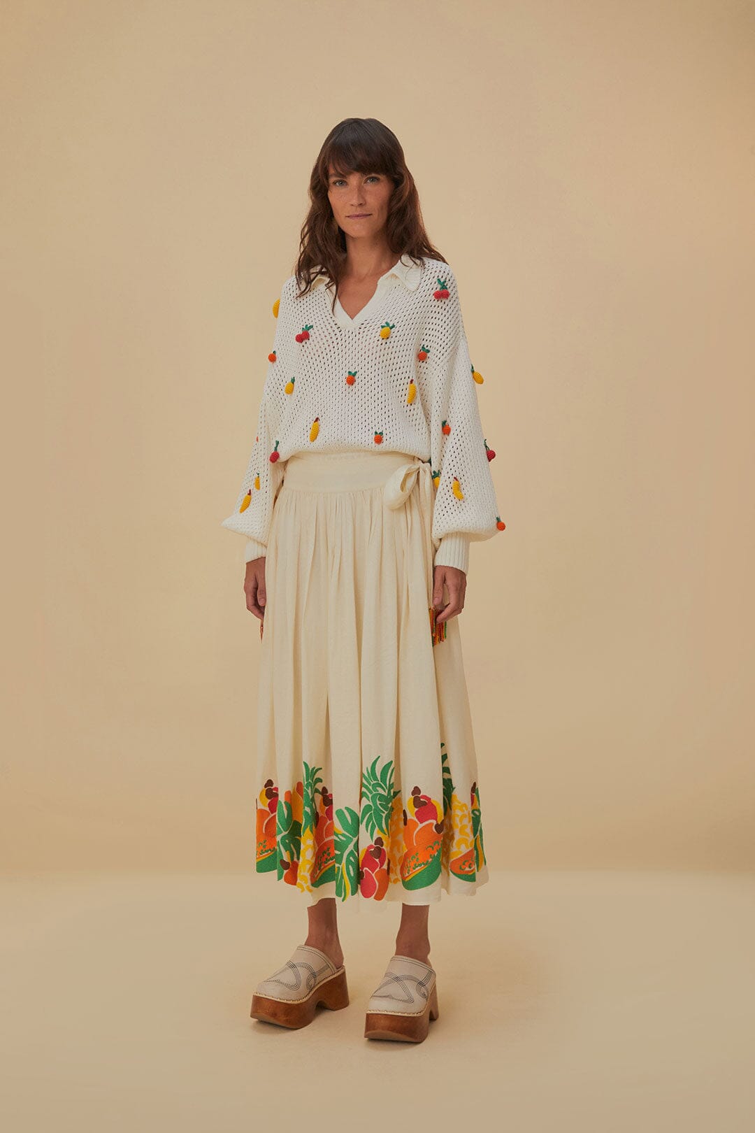 Embroidered Fruits Side Bow Midi Skirt