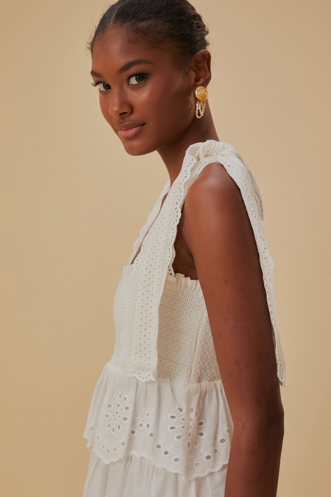 Off White Embroidered Ruffle Midi Dress FARM Rio