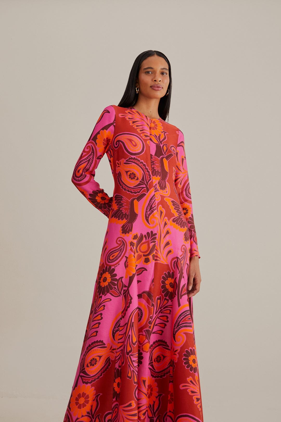 Pink Bold Floral Long Sleeve Maxi Dress