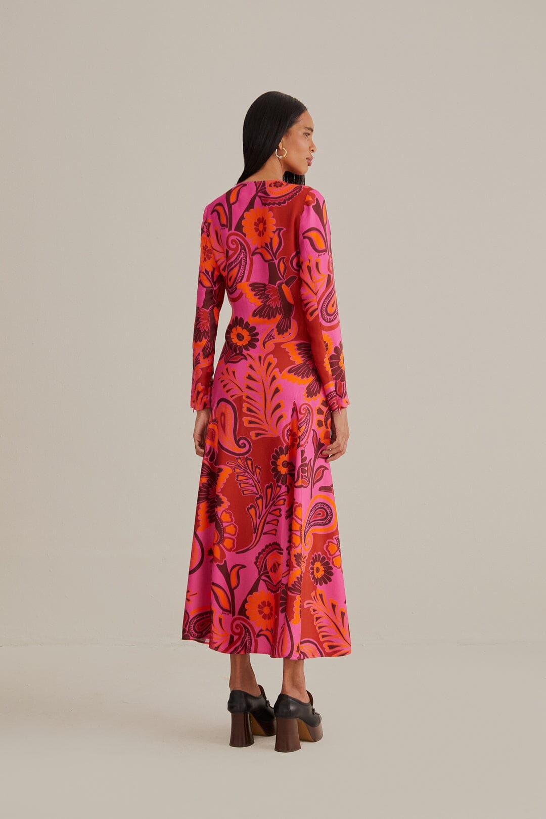 Pink Bold Floral Long Sleeve Maxi Dress