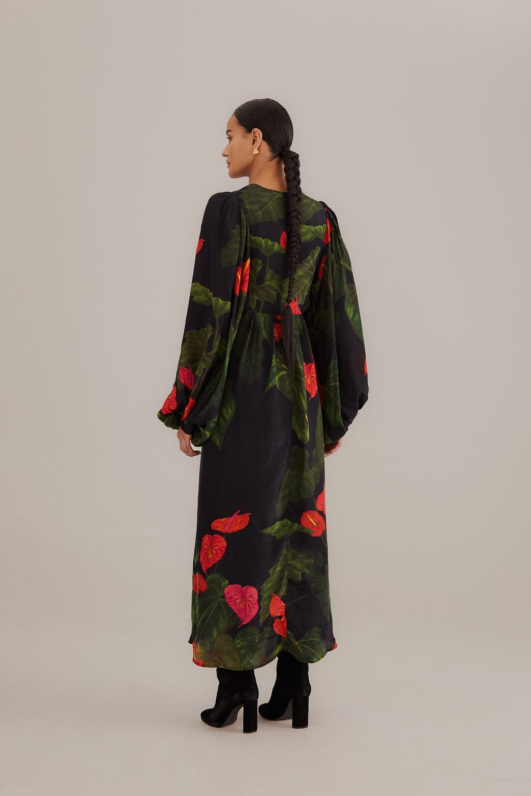 Black Anthurium V Neck Maxi Dress