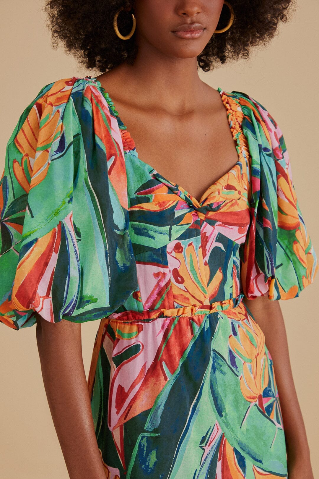 Multicolor Banana Foliage Puff Sleeve Midi Dress