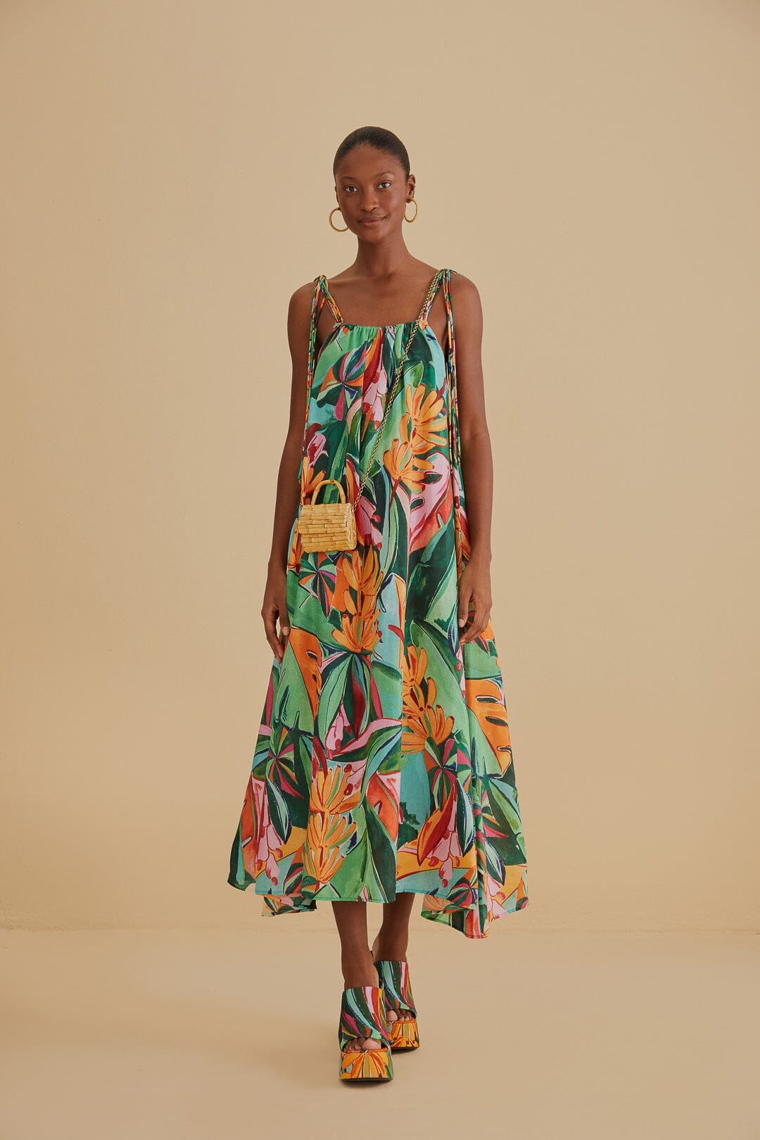 Multicolor Banana Foliage Sleeveless Midi Dress