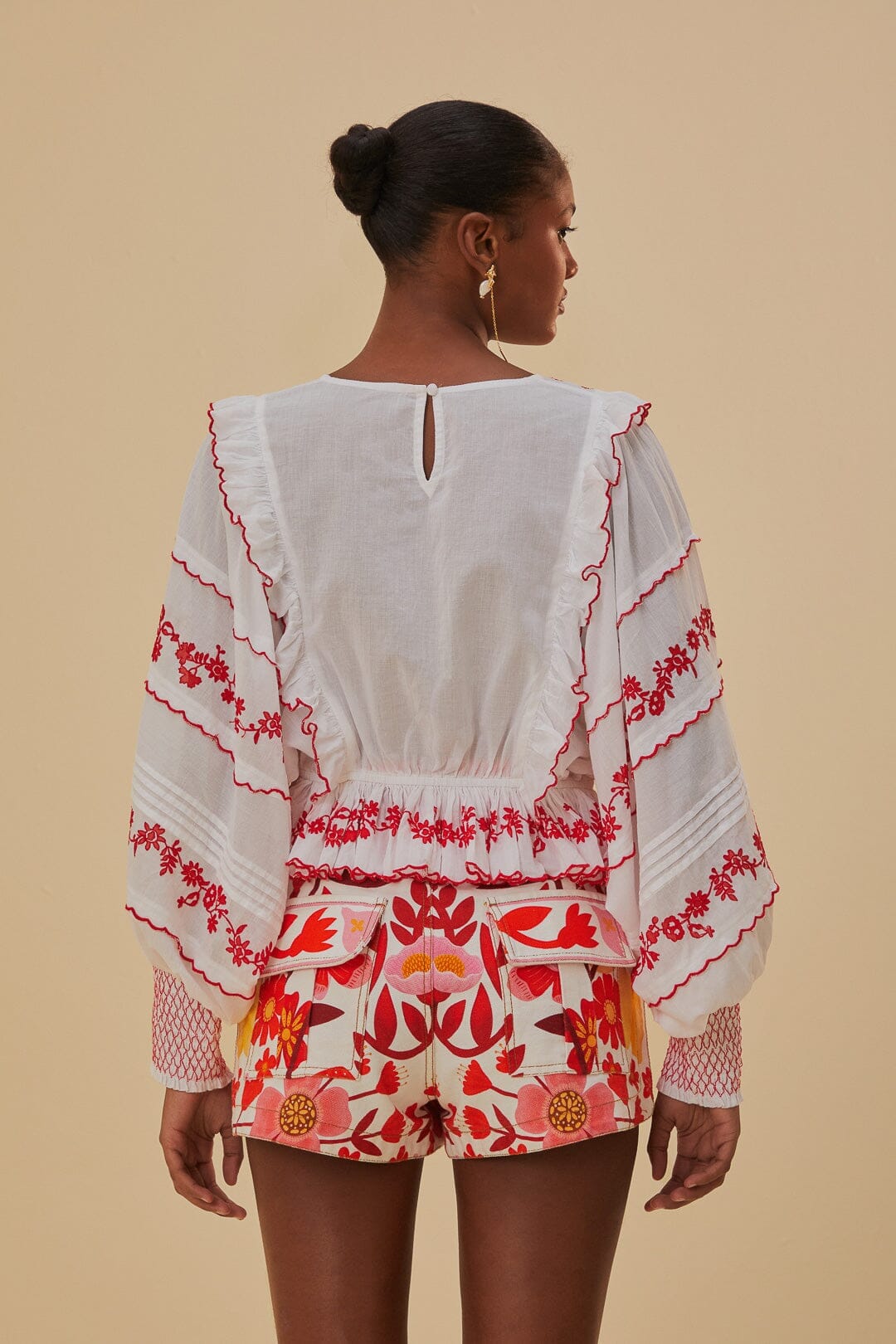 Off-White and Red Embroidered Long Sleeve Blouse