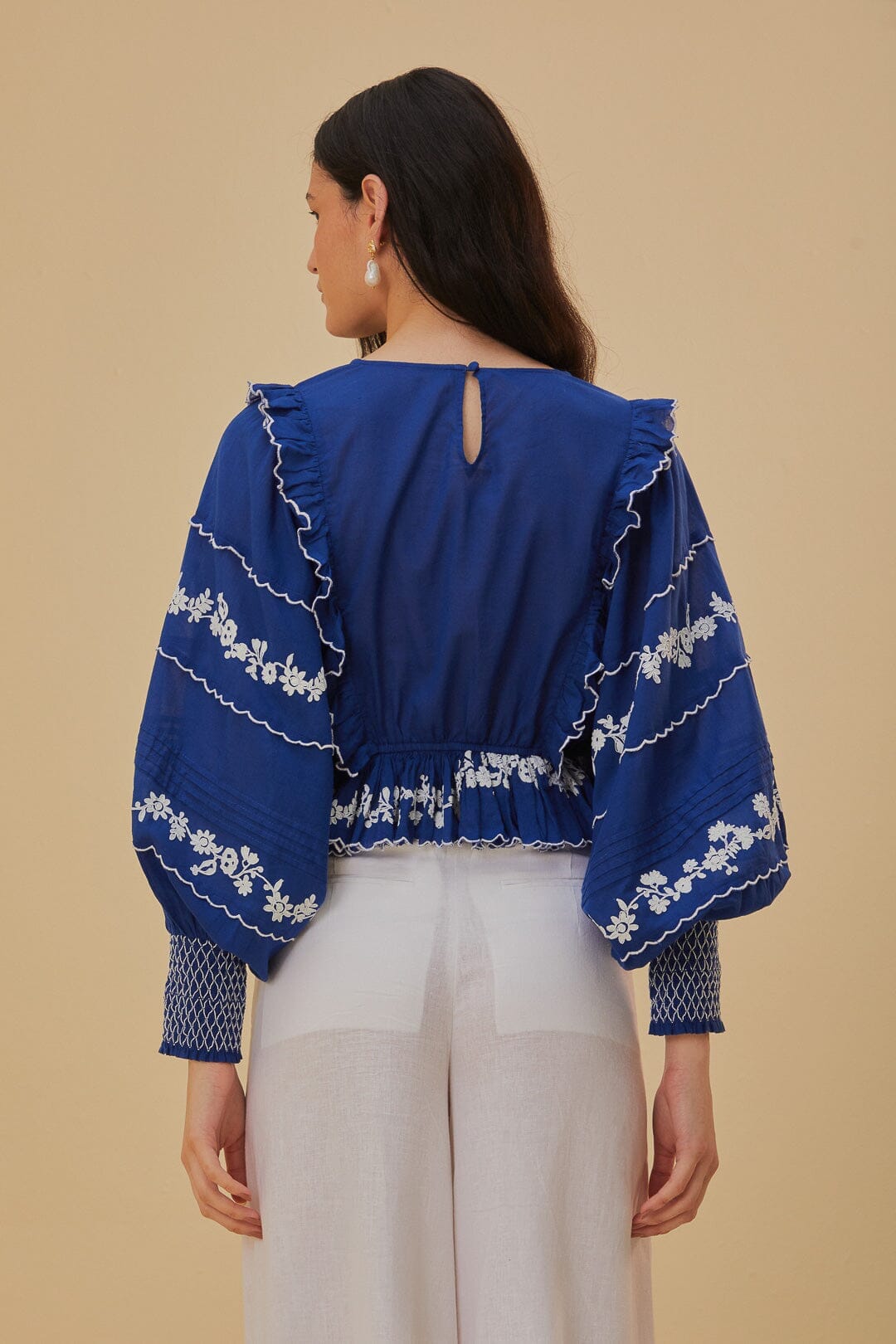 Navy Blue Embroidered Long Sleeve Blouse